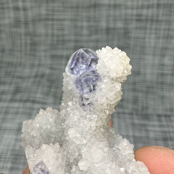 Purple-blue fluorite dodecahedron on white quartz mound from Fujian, China, close-up of the crystal faces
