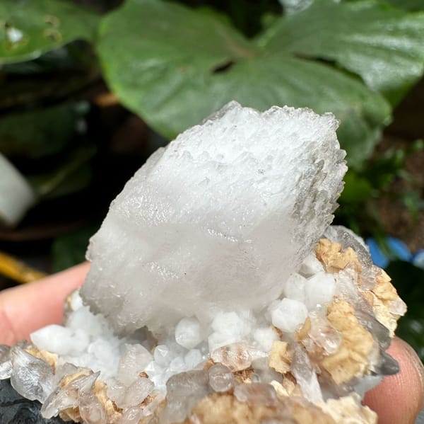 Shield-shaped calcite crystal on quartz and dolomite from Inner Mongolia, China, reverse side