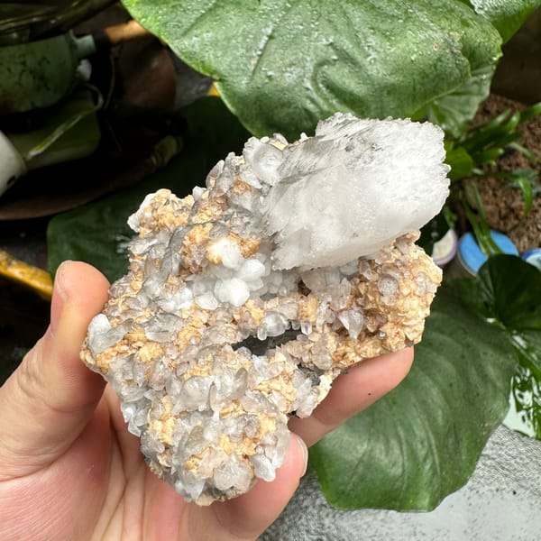 Shield-shaped calcite crystal on quartz and dolomite from Inner Mongolia, China, top view