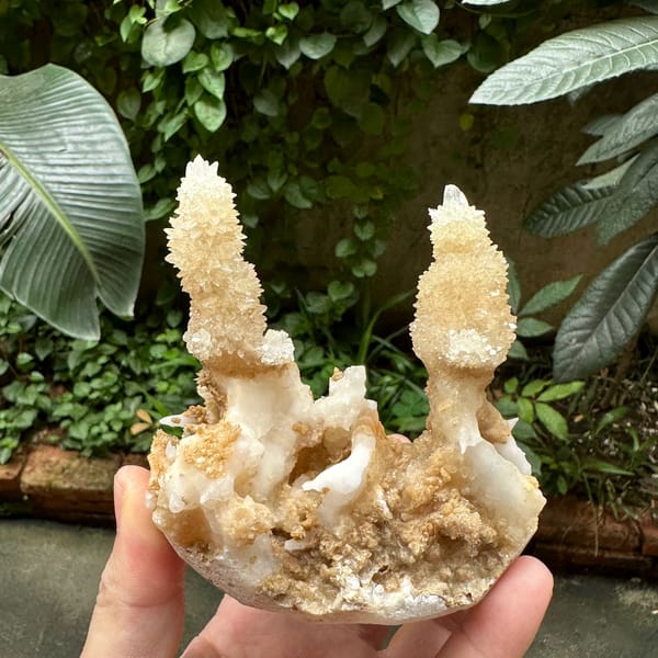 Two cream stalactitic calcite spires from Yunnan, China, close-up of the crystal faces