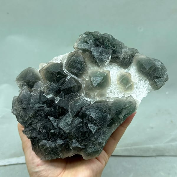 Dark green octahedral fluorite with white stepped fluorite from Zhejiang, China, top view