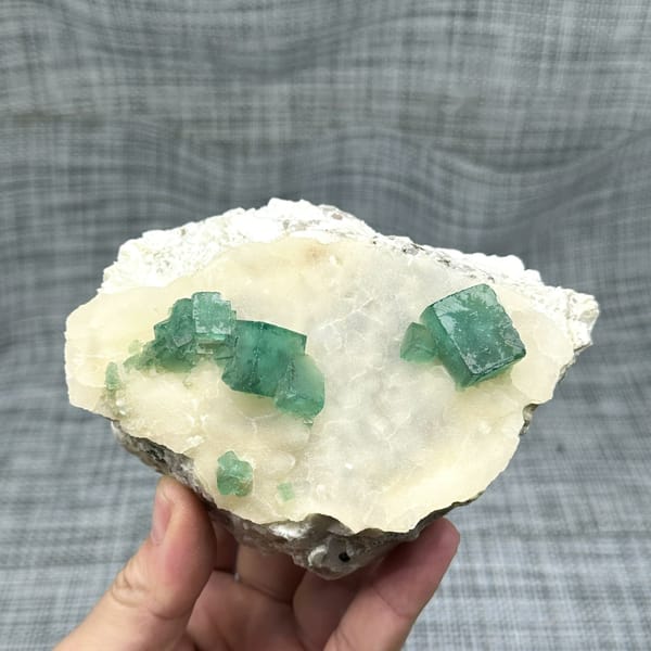 Emerald-green daylight fluorite cubes on cream quartz plate from Madagascar, held in hand