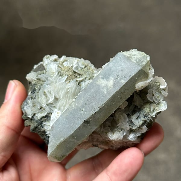 Grey double-terminated quartz on coin-shaped calcite from Inner Mongolia, China, held in hand