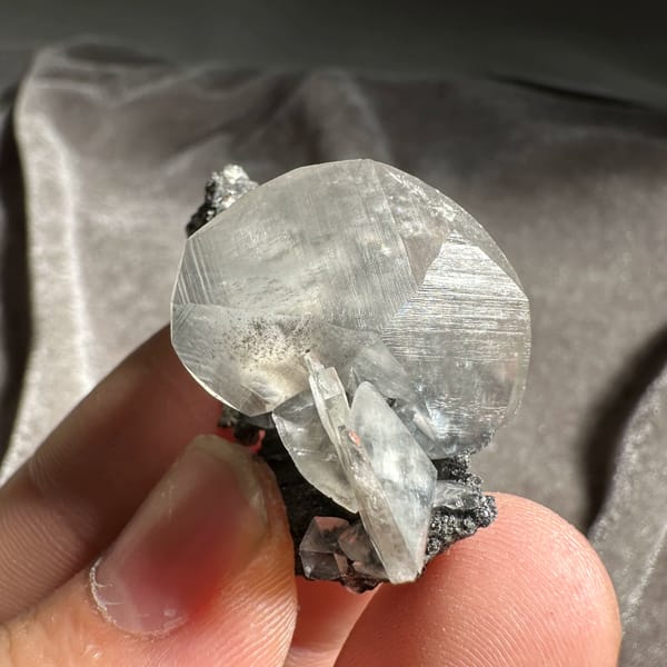 Clear serrated baryte blade on dark calcite from Guangxi, China, close-up of the crystal faces