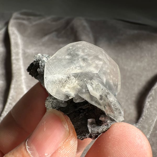 Clear serrated baryte blade on dark calcite from Guangxi, China, reverse side