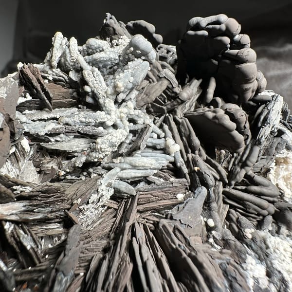 Black pyrolusite blades frosted with white aragonite from Morocco, close-up of the crystal faces