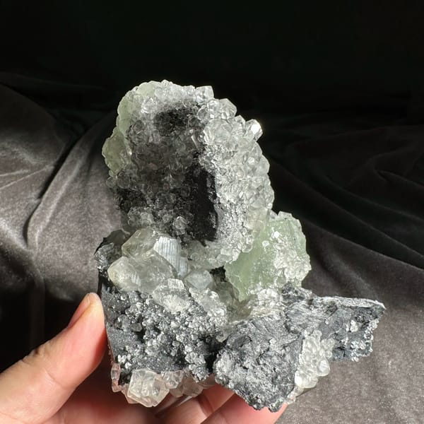 Mountain-shaped pale green fluorite cluster on dark quartz from Fujian, China, held in hand