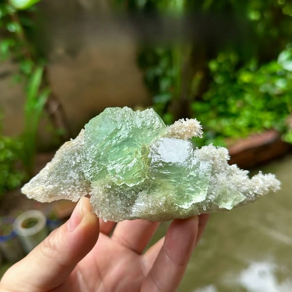 Transparent green fluorite cube on quartz druse plate from Fujian, China, held in hand