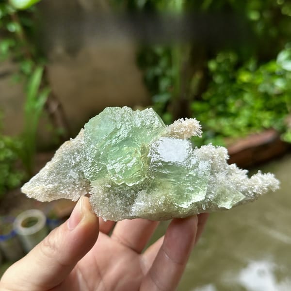 Transparent green fluorite cube on quartz druse plate from Fujian, China, detail of the matrix contact
