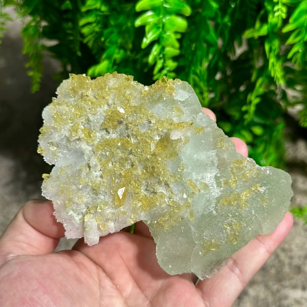 Yellow baryte floater with green fluorite and quartz druse from Jiangxi, China, top view