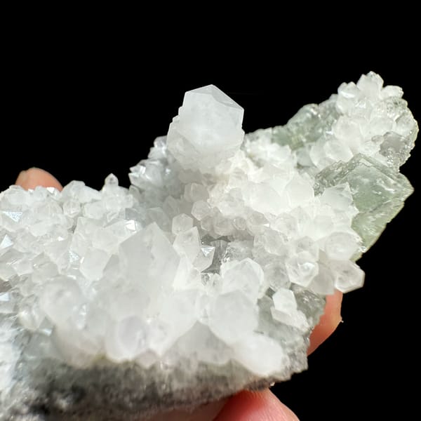 White quartz druse plate with pale green fluorite from Guangdong, China, top view