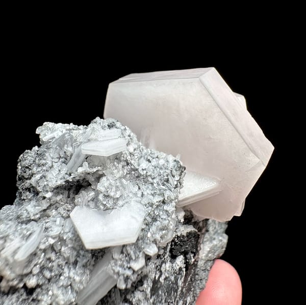 Pink-cored sandwich calcite crystal on dark matrix from Fujian, China, reverse side