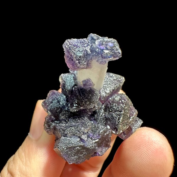 Violet fluorite octahedra on pale quartz prism from Inner Mongolia, China, reverse side