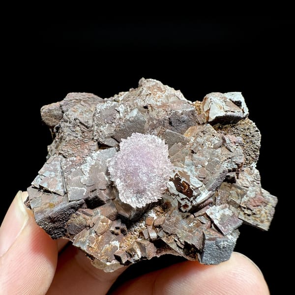 Purple creedite ball on iron-stained fluorite cubes from Guizhou, China, detail of the matrix contact