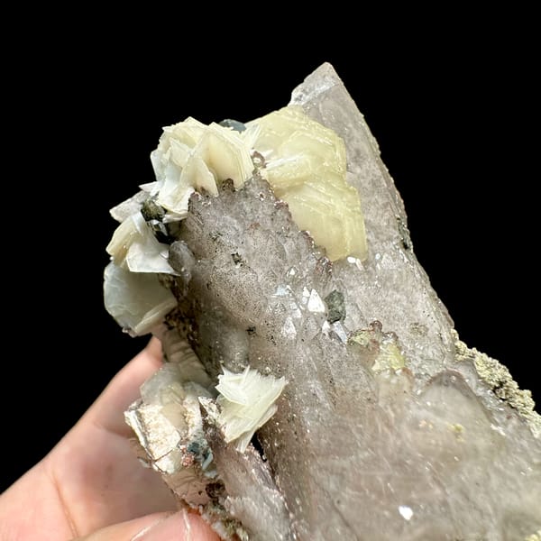 Tea-brown quartz block with calcite, feldspar and mica from Yunxiao, Fujian, China, reverse side