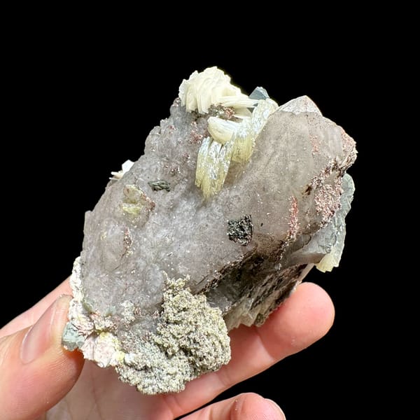 Tea-brown quartz block with calcite, feldspar and mica from Yunxiao, Fujian, China, top view