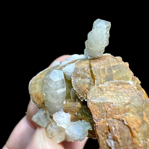 Golden siderite rhombs with white calcite prisms from Guizhou, China, second angle