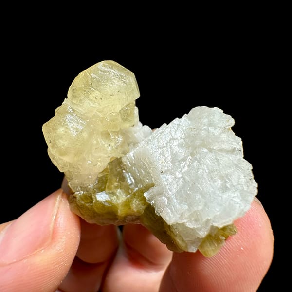 Golden-yellow calcite with white dolomite and siderite from Guizhou, China, top view