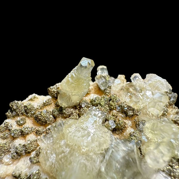 Feather calcite with brassy pyrite from Hubei, China, top view