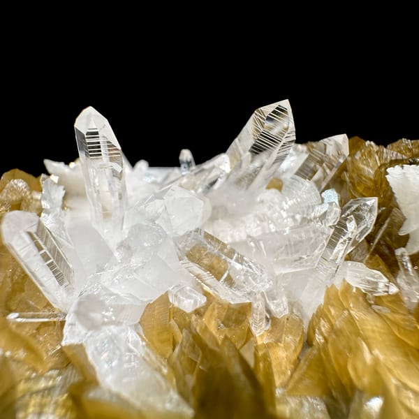 Clear quartz needles in hollow of golden siderite and dolomite from Guizhou, China, top view