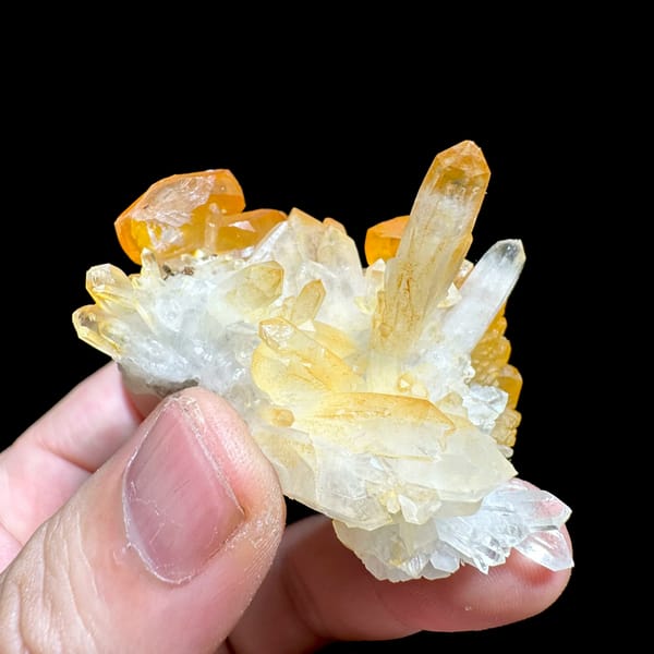 Orange-skinned calcite blades with clear quartz spire from Fujian, China, reverse side