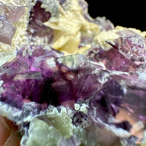 Glassy purple phantom fluorite cubes on cream siderite from Inner Mongolia, China, close-up of the crystal faces