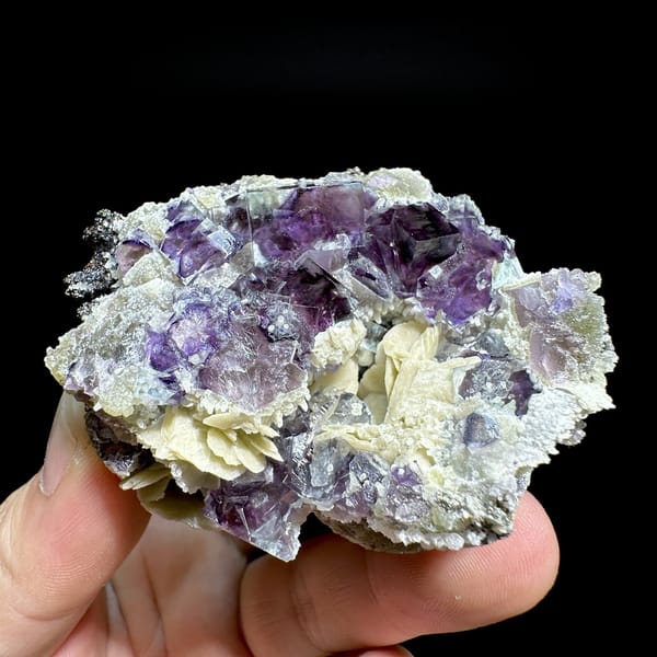 Glassy purple phantom fluorite cubes on cream siderite from Inner Mongolia, China, detail of the matrix contact
