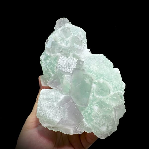 Twinned purple and green sugar fluorite cubes from Jiangxi, China, second angle