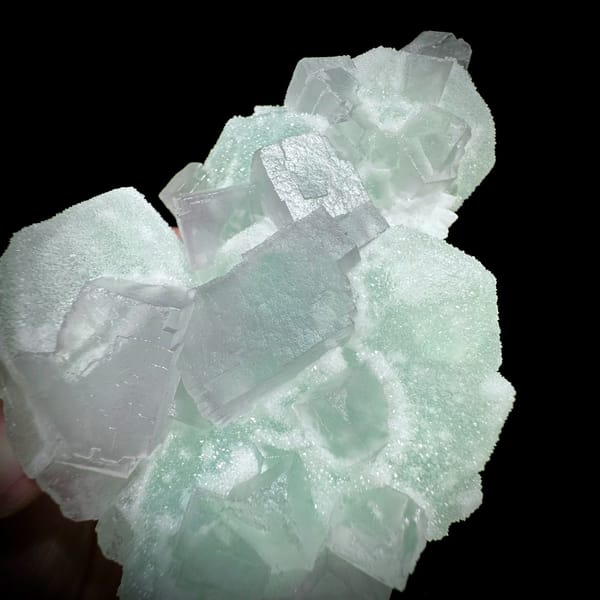 Twinned purple and green sugar fluorite cubes from Jiangxi, China, top view
