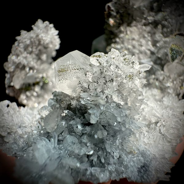 Star calcite crystals on grey quartz needles with pyrite from Fujian, China, reverse side