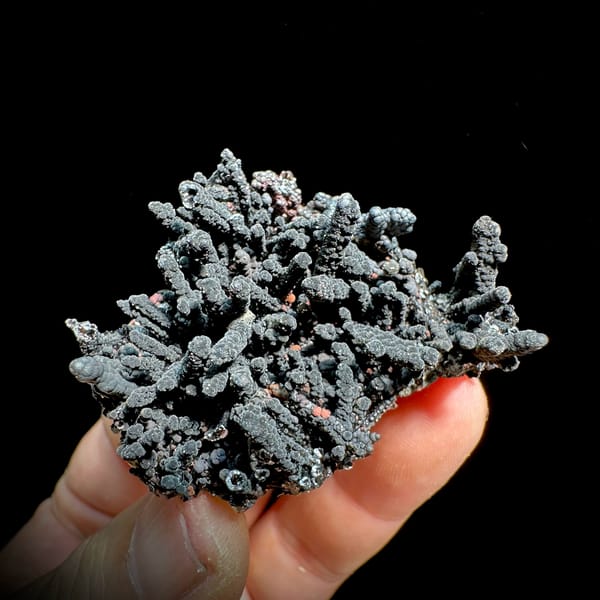 Dark limonite-coated quartz cluster with coral-like form from Fujian, China, reverse side