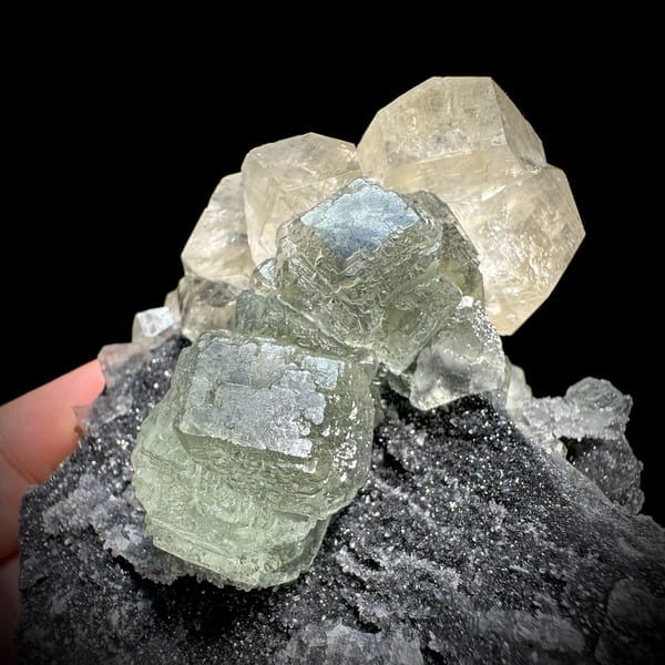 Pale green fluorite cubes with calcite on dark quartz from Fujian, China, top view