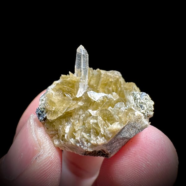 Clear quartz needle on golden siderite rhombs from Guizhou, China, close-up of the crystal faces