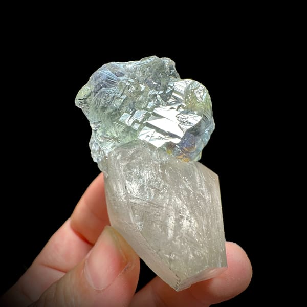 Large translucent star calcite with glassy blue-green fluorite from Fujian, China, top view