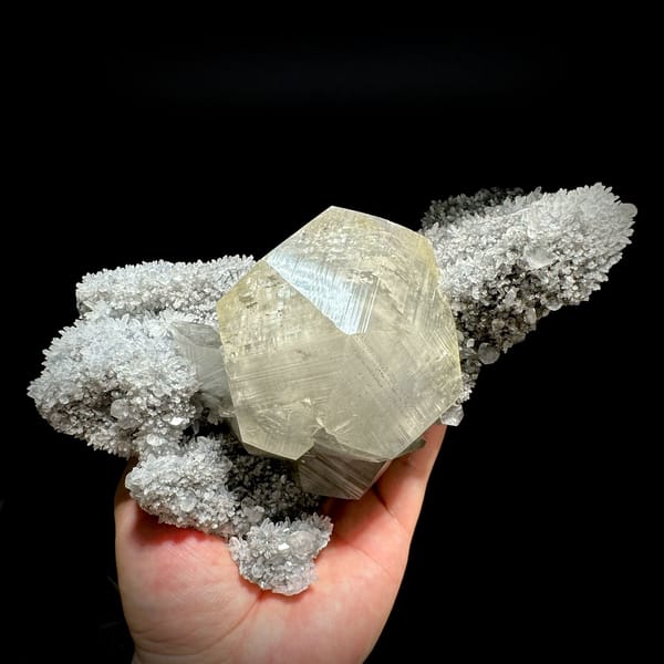 Giant star calcite crystal on long quartz-needle plate from Fujian, China, held in hand