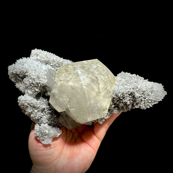 Giant star calcite crystal on long quartz-needle plate from Fujian, China, reverse side