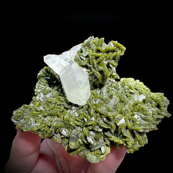 Clear double-terminated quartz nested in green epidote from Sichuan, China, held in hand