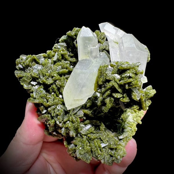 Clear double-terminated quartz nested in green epidote from Sichuan, China, second angle