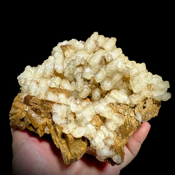 Hammer-headed calcite crystals over golden siderite from Guizhou, China, second angle