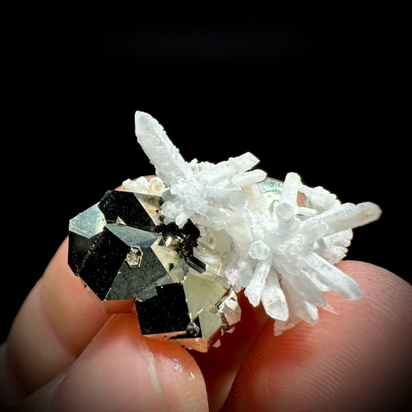 Gold pyrite crystal with clear quartz needle burst from Inner Mongolia, China, held in hand