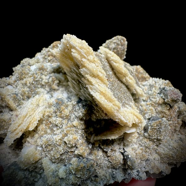 Tan calcite blades with zeolite and quartz on feldspar from Yunxiao, Fujian, China, second angle