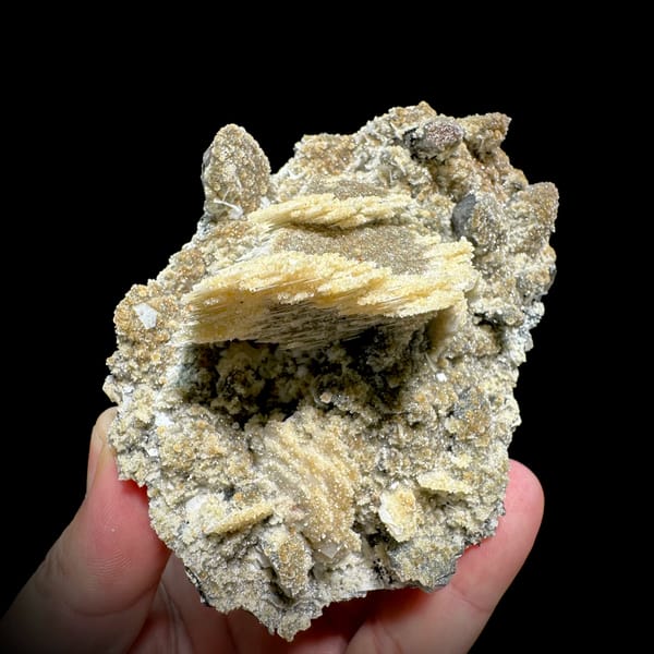 Tan calcite blades with zeolite and quartz on feldspar from Yunxiao, Fujian, China, reverse side