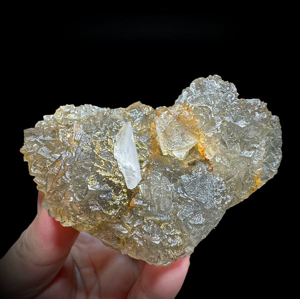 Glassy yellow fluorite with white calcite blade and pyrite from Xianghualing, Hunan, China