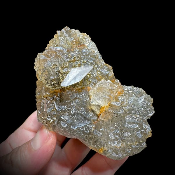 Glassy yellow fluorite with white calcite blade and pyrite from Xianghualing, Hunan, China, reverse side