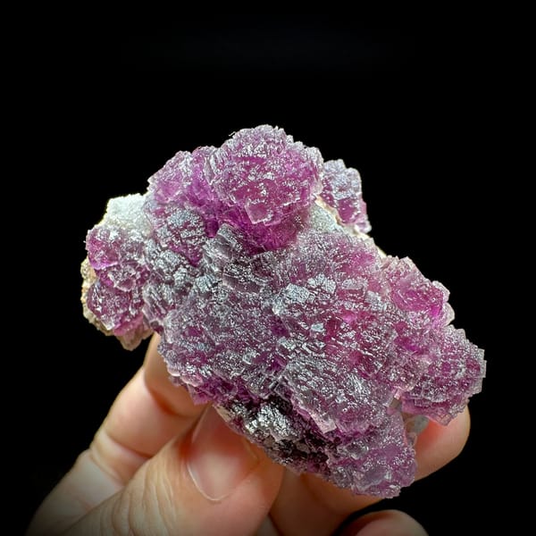 Raspberry-purple stepped fluorite crystals from Zhejiang, China, held in hand