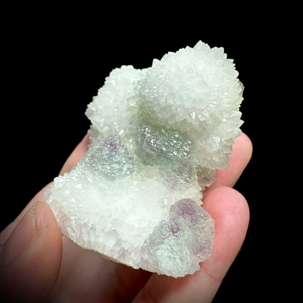 Purple-green fluorite balls beside white quartz needles from Fujian, China, reverse side