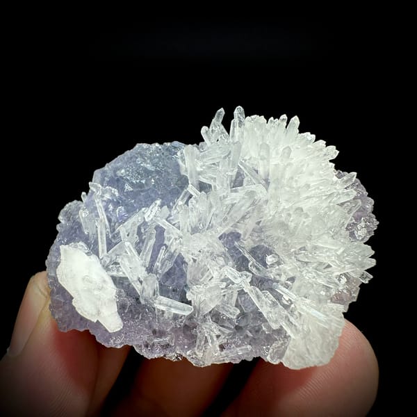 Clear quartz needles over lavender-blue fluorite from Fujian, China, held in hand