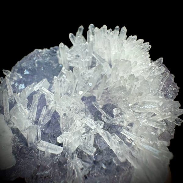 Clear quartz needles over lavender-blue fluorite from Fujian, China, second angle