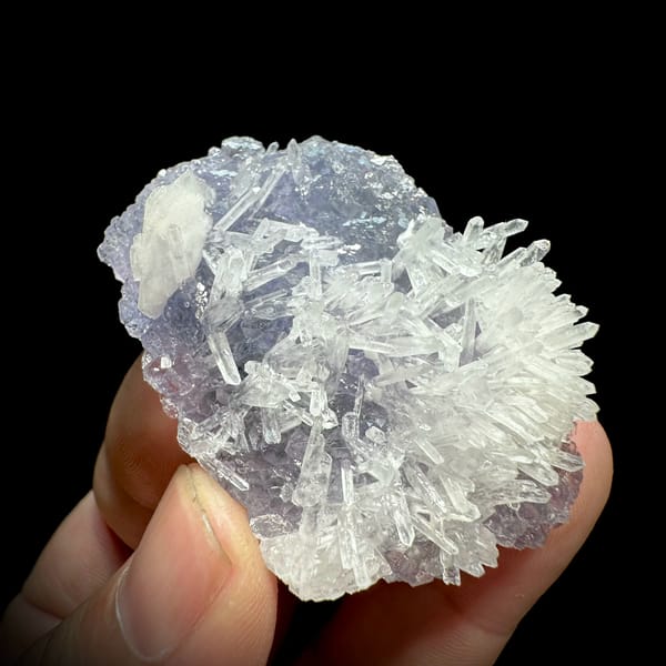 Clear quartz needles over lavender-blue fluorite from Fujian, China, top view