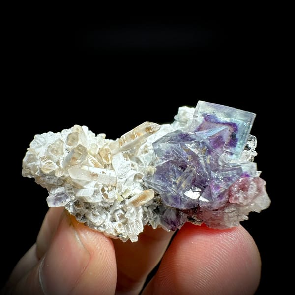 Phantom-zoned blue-purple fluorite cube on quartz from Inner Mongolia, China, held in hand